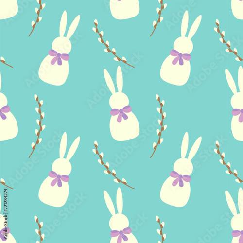 Repeating pattern featuring stylized white rabbits with purple bows and brown willow branches set against a vibrant blue backdrop, typically used for festive Easter-themed designs.