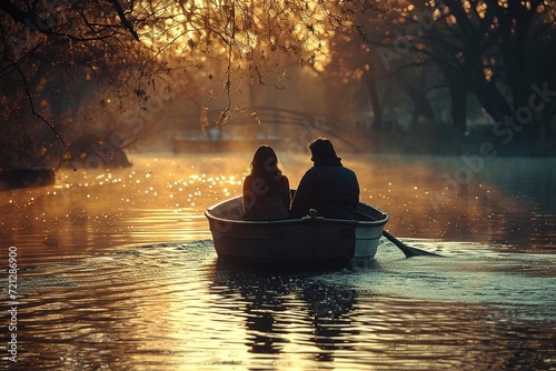 A romantic boat ride with a couple rowing through a heart-shaped reflection