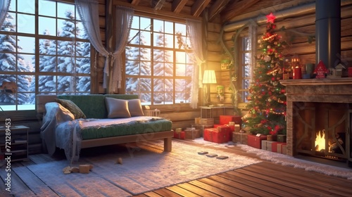 Cottage decorated for christmas. seamless looping time-lapse virtual video animation background, modern film