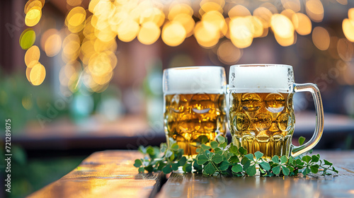 Two glasses of beer and shamrock leaves stand on a wooden table outdoor against bokeh background. St Patrick Day concept. Copy space.