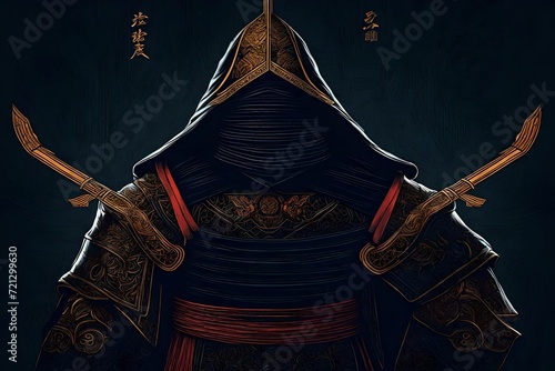 Epic samurai wallpaper from behind looking slightly to the right, face covered in the hood, insane. AI illustration