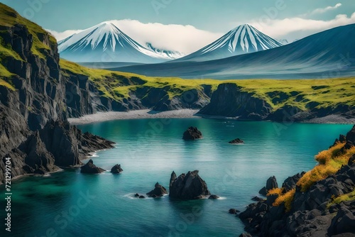 The nature of the Kamchatka peninsula and a colony of birds on the rock
