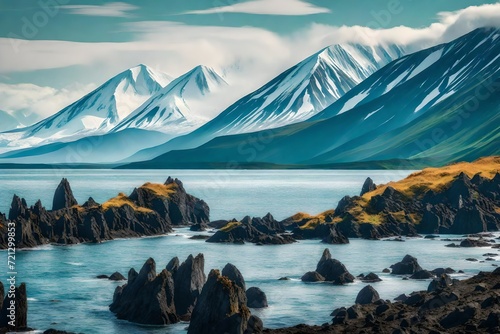The nature of the Kamchatka peninsula and a colony of birds on the rocks