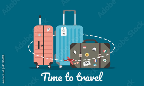 Travel concept with luggage or baggage and old vintage leather suitcase with travel stickers. Time to travel. Vector illustration.