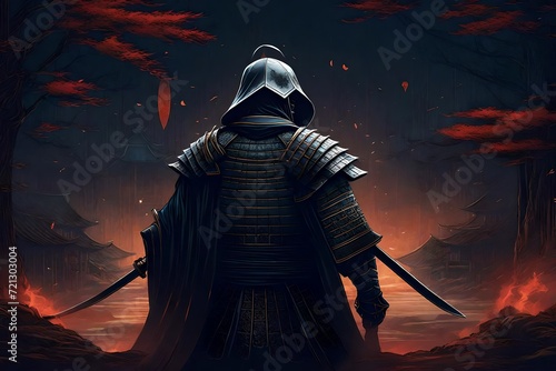 Epic samurai wallpaper from behind looking slightly to the right, face covered in the hood, insane. AI illustration