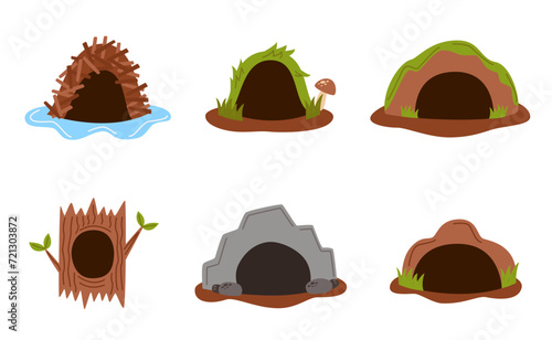 Set of cute animals burrows and homes in cartoon style.