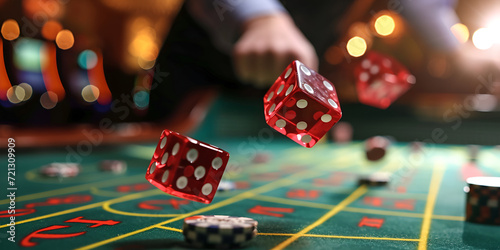 Action Shot of Dice Being Thrown on a Craps Table | A Craps Table in Motion | Casino excitement with rolling dice and chips on table