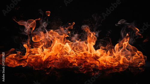Fire flames isolated on black background. Abstract blaze fire flame texture background .