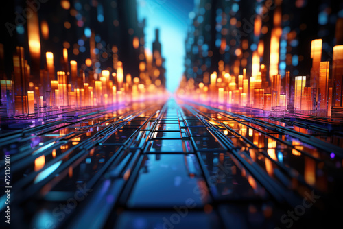 3D rendering of a futuristic city at night with lights and reflections