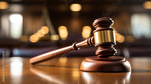 Judges gavel on wooden desk, blurred background.