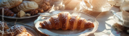 Morning light streaming onto a table set with a variety of gourmet pastries, including chocolate croissants and almond bear claws