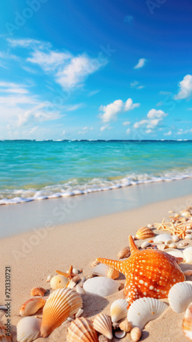 Seashells and starfish on the beach. Vacation concept