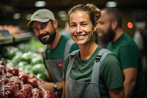 Smiling woman shop worker in well stocked supermarket, assisting customers with a smile. Saleswoman assists customers in a grocery mini-market, Generative AI