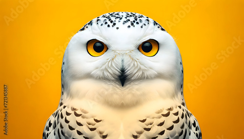 A close-up front view of a snowy owl on a yellow background