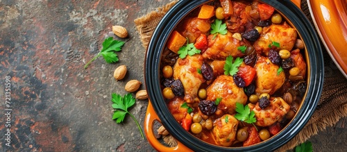 Chicken tajine with dried fruits and spices, from Morocco, seen from above.