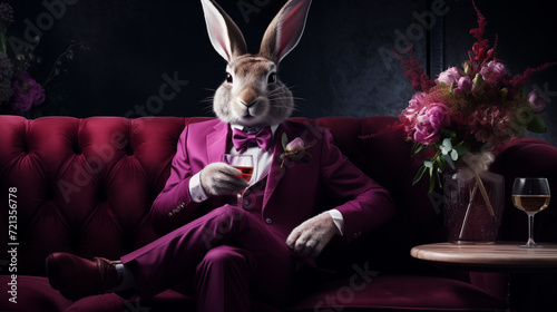 Rabbit as an aristocrat. elegant easter bunny in a suit holding cocktail, in an elegant room with opulent architecture. Concept: easter holidays, funny and original concept.