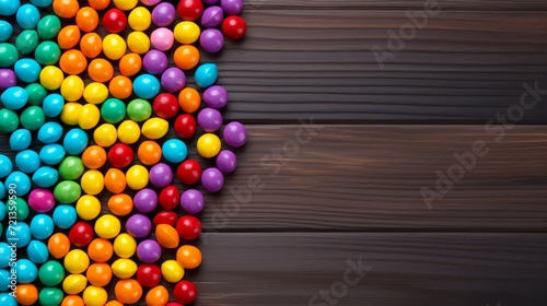 Candy like skittles on wood table background texture wallpaper top view. Free space for text. Skittles candy. YumEarth Organic Sour Giggles. Horizontal banner format