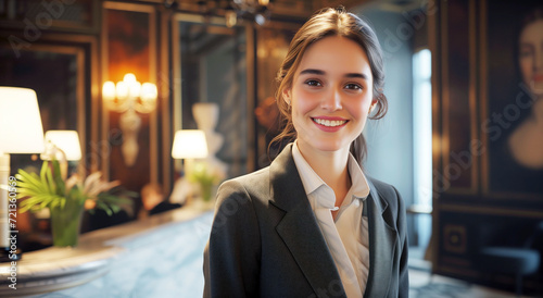 Confident hostess greeting guests, Warm welcome at an upscale hotel lobby