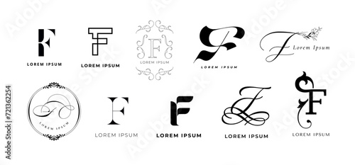 Creative F emblem. Letter f monogram for fast fitness, futuristic festival and floral farm branding template vector icon set