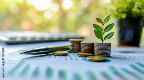 A green plant growing on coins against the background of a report on the financial structure of the business. The concept of savings, investments, interest and economic growth