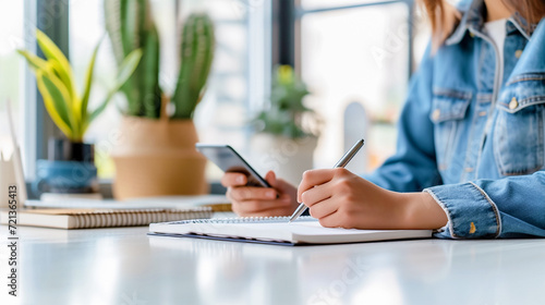 A female accountant working on finances with a smartphone in her hands in her office makes notes in a notebook. The concept of economics. savings and finances.