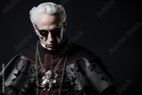 Dark priest man in black member of cult. Generative AI