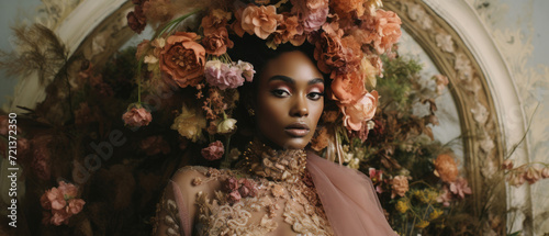 Portrait of a beautiful African or African American woman among flowers in retro style