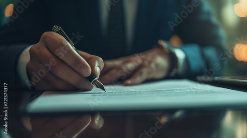 businessman confidently signing a contract with a fountain pen
