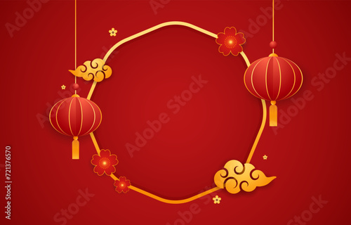 Happy Chinese new year 2024. Chinese new year banner with circle for show product. Greeting card. China frame with lantern on red background.