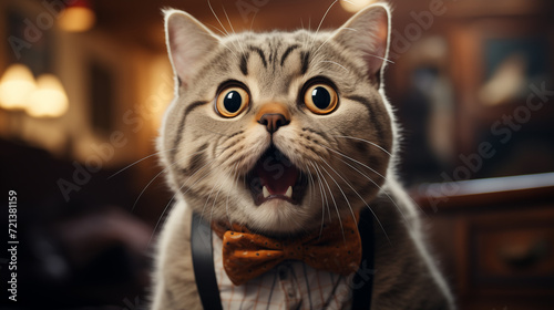 Funny Shocked Scared Gray Cat with Bow Tie with its Mouth Open