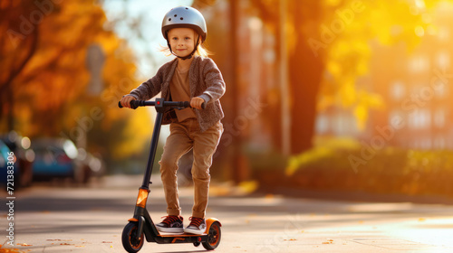 A North American child rides a colorful scooter to a nearby school