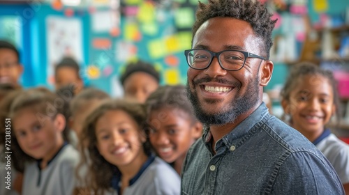 The camaraderie between a teacher and students captured in a joyful photo, highlighting the positive and supportive atmosphere within the classroom, [teacher]