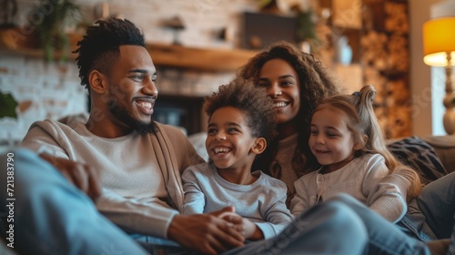 Family discussion and laughter during a game show on TV, gathered around the living room, [A strong happy family with children spending time together in their large bright living r