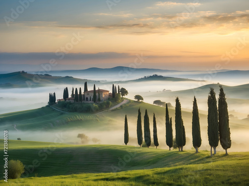 Italian countryside - Farm in Tuscany in the misty morning - tranquil sunrise - fictional location