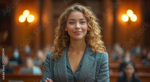 A cheerful lady with curly hair and a warm smile, clad in a grey jacket, radiates comfort and charm indoors