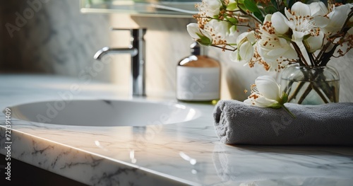 Luxurious Marble Bathroom Counter with Chic Amenities and Floral Grace