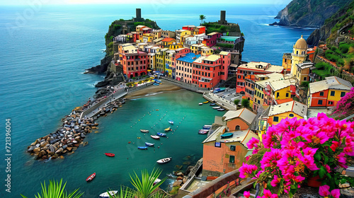 Mediterranean coastal town with a picturesque view, featuring architecture, boats, and a harbor in the summer