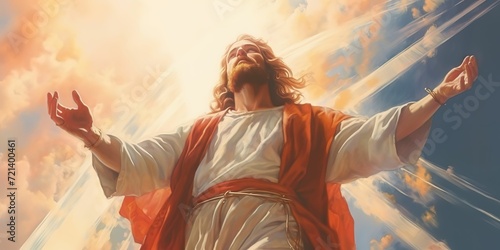 jesus opening the skyes close up view illustration, receiving blessings from god,