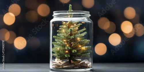minimalistic design Christmas and new year concept, Close-up, Elegant Christmas tree in glass jar with bokeh