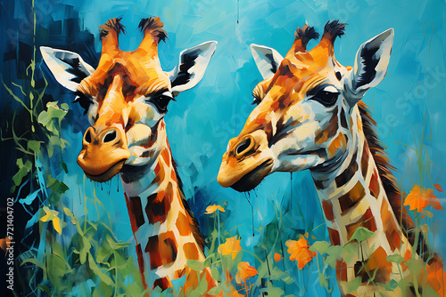 Giraffe animal oil painting artwork - hand painted giraffe head colorful whimsical watercolor illustration panorama canvas art portrait - zoo animal wildlife jungle mammal wallpaper background