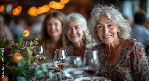 Amidst the elegant table setting and bubbly glasses, a group of women share laughter and conversation over a delicious dinner in a chic restaurant