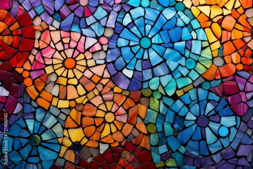 An abstract mosaic composed of small, colorful tiles forming an intricate pattern.