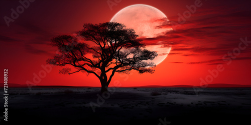 Mysterious fogshrouded landscape by a deep red blood moon with dead tree
