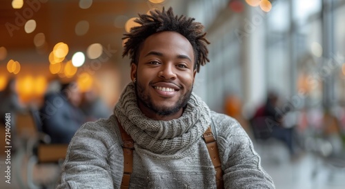A jovial man, bundled in a warm scarf, beams at the camera against the backdrop of a bustling street and urban building, radiating happiness and human connection