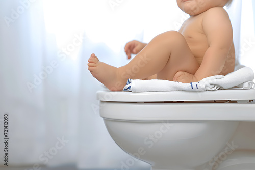 Caucasian baby sitting on toilet seat. Normal bowel habit concept.
