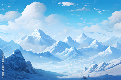 Snowy mountain peak with ski slopes and chalets background