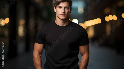 Young model man shirt mockup, boy wearing black t-shirt on street, shirt mockup template on hipster adult for design print, male guy wearing casual t-shirt mockup placement. Generative AI.