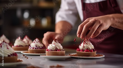 Close-up of a pastry chef's hands decorating delicious desserts in a pastry shop.