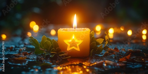 Symbolic Star Of David Enhances Candle's Message Of Hope And Prayer For Israel, Ample Copy Space Provided. Сoncept Night Sky Photography, Minimalist Landscapes, Abstract Art, Wildlife Close-Ups