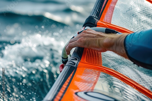 The Thrill of the Wind: A Close-Up of a Windsurfer's Gripping Hand